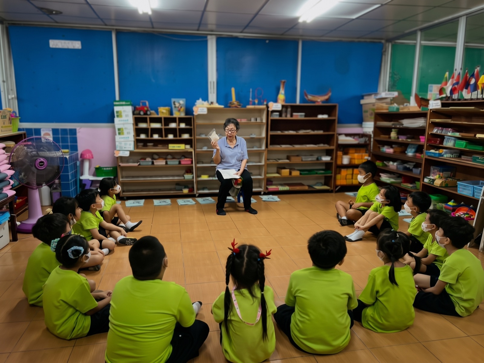 เด็กๆ นั่งร่วมกิจกรรมในห้องเรียนกับคุณครู